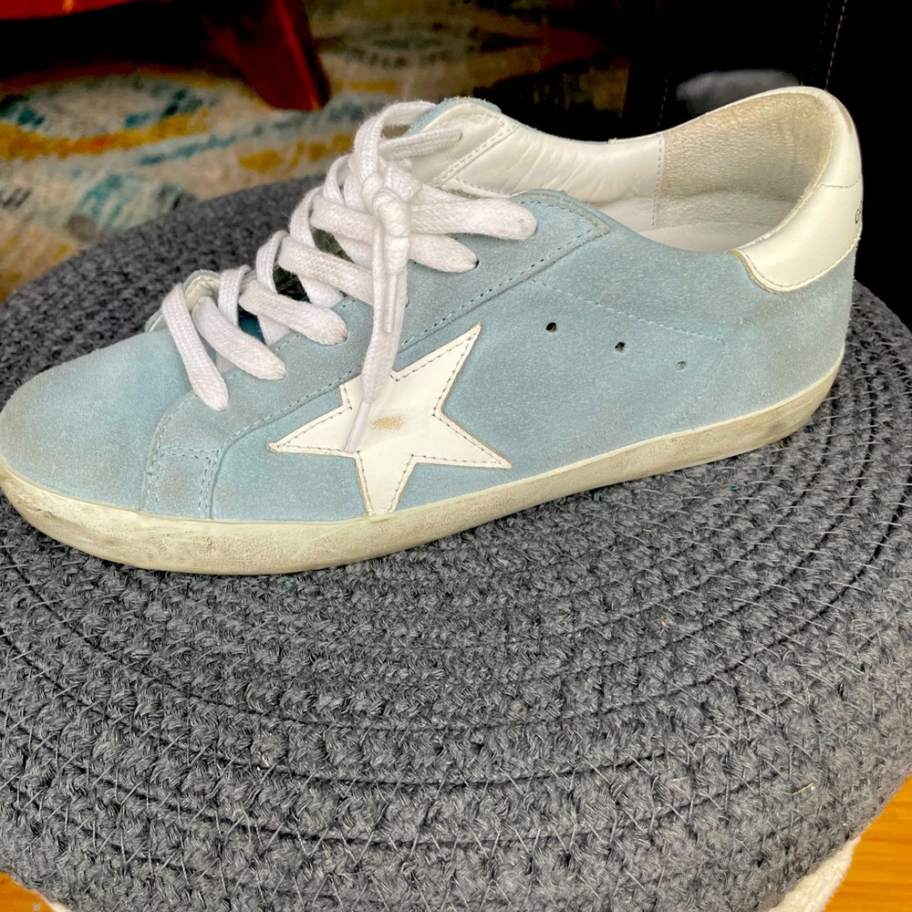 Golden Goose Superstar Distressed Suede and Leather Sneakers in Blue 37/7 Wmns